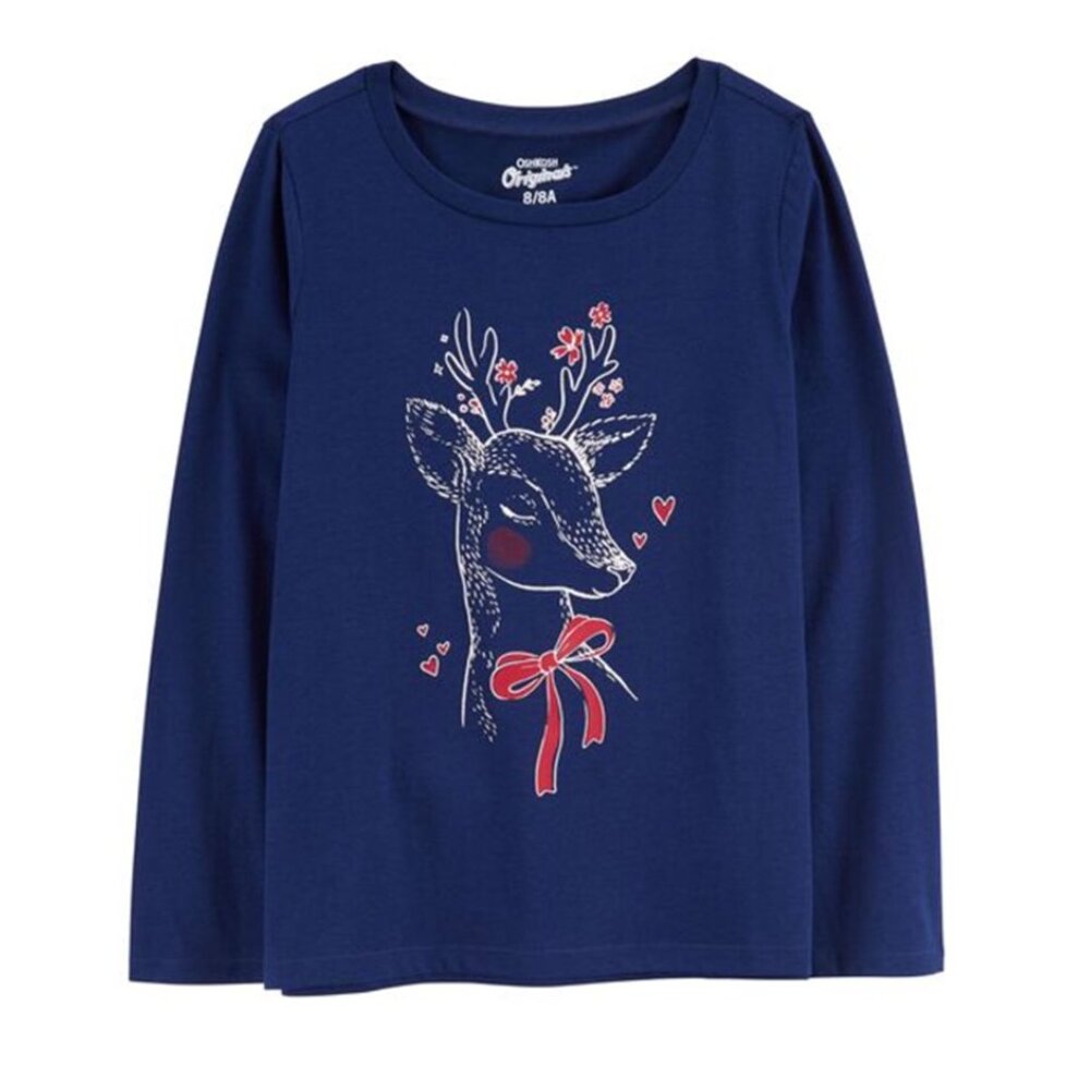 OSHKOSH B'GOSH NWT Size 8 Blue Red Reindeer Jersey Graphic Tee Scarf Long Sleeve